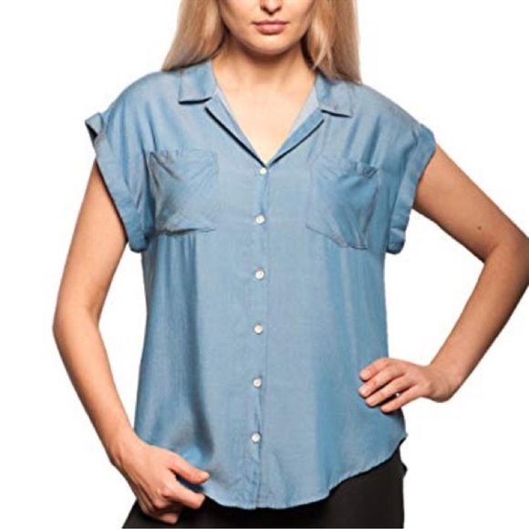Jachs Girlfriend Quinn Cap Sleeve Button Front Chambray Denim Blouse Size XL - Picture 1 of 8